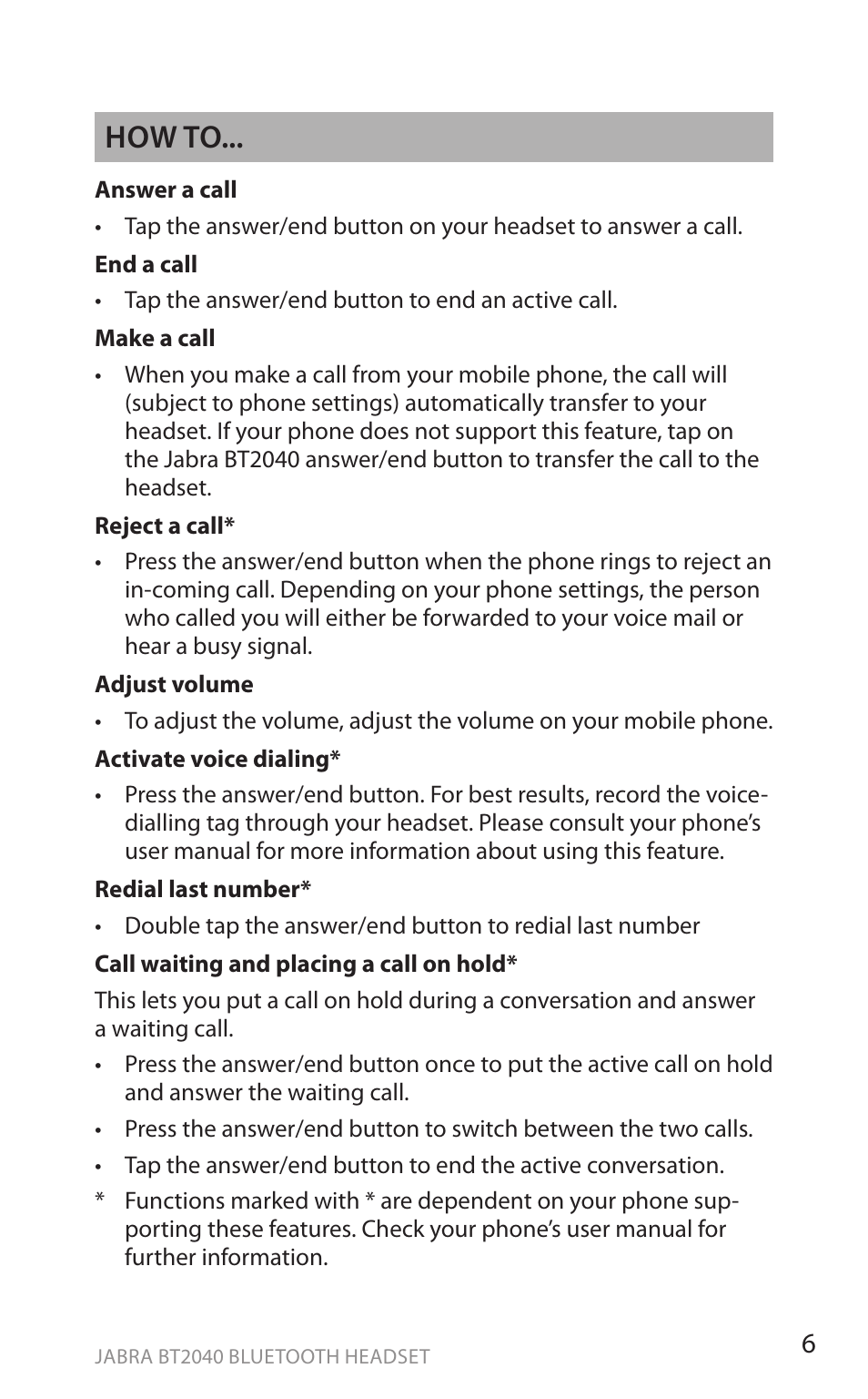 En g li sh, How to | Jabra BT2040 User Manual | Page 8 / 15