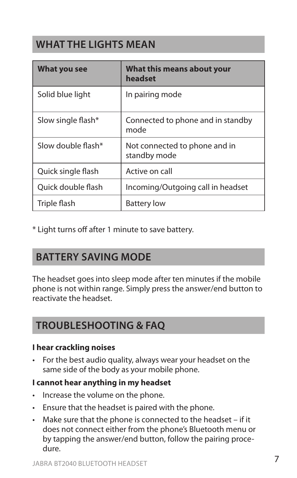 En g li sh, What the lights mean, Battery saving mode | Troubleshooting & faq | Jabra BT2040 User Manual | Page 9 / 15
