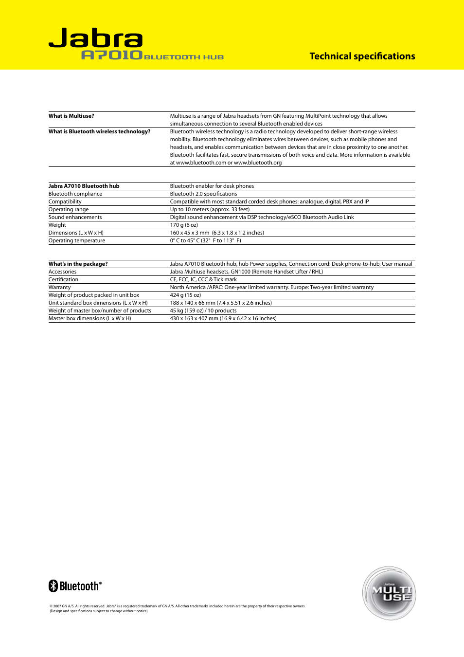 A7010, Technical specifications | Jabra A7010 User Manual | Page 2 / 2