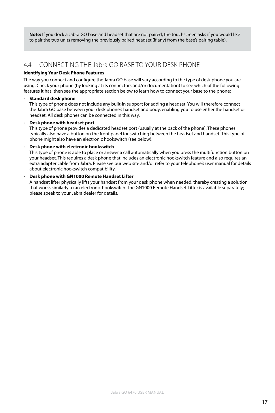 4 connecting the jabra go base to your desk phone, En g li sh | Jabra GO 6470 User Manual | Page 17 / 77