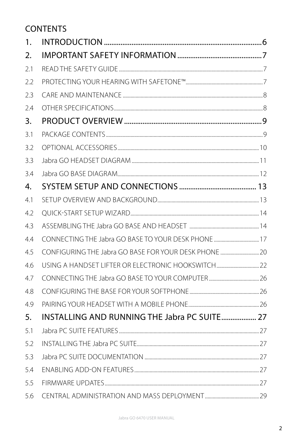 Product overview, System setup and connections, Installing and running the jabra pc suite | Jabra GO 6470 User Manual | Page 2 / 77