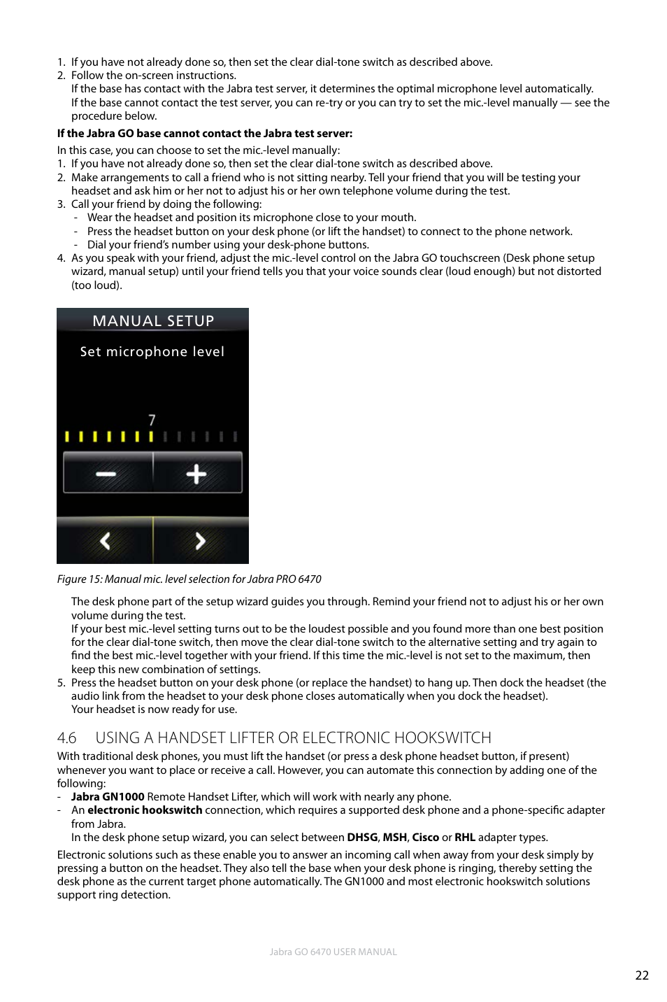 6 using a handset lifter or electronic hookswitch, En g li sh, Manual setup | Jabra GO 6470 User Manual | Page 22 / 77
