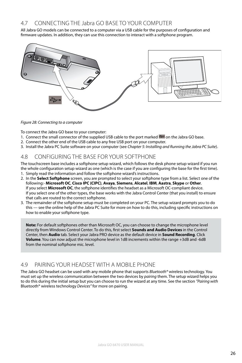 7 connecting the jabra go base to your computer, 8 configuring the base for your softphone, 9 pairing your headset with a mobile phone | En g li sh | Jabra GO 6470 User Manual | Page 26 / 77