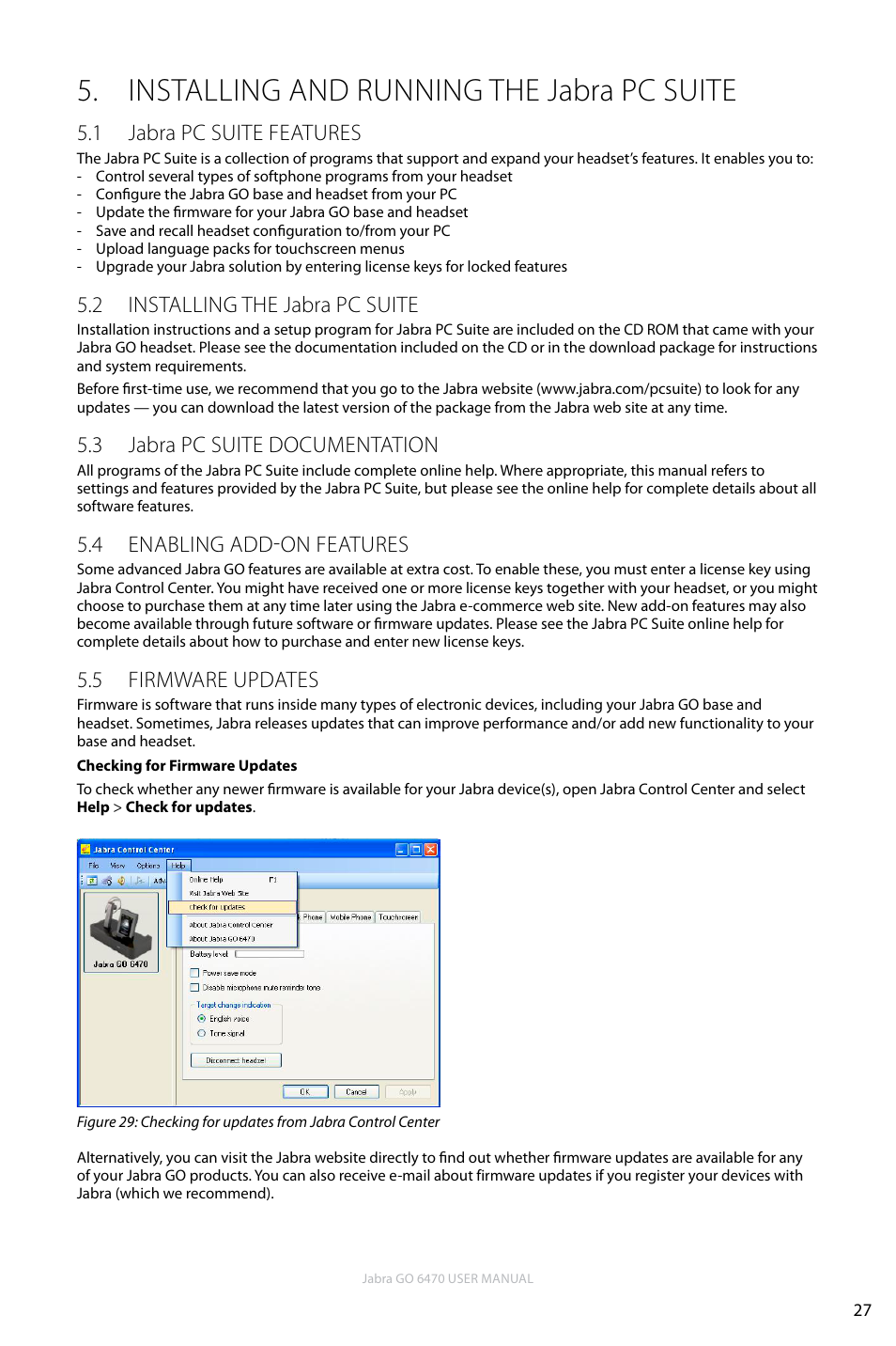 Installing and running the jabra pc suite, 1 jabra pc suite features, 2 installing the jabra pc suite | 3 jabra pc suite documentation, 4 enabling add-on features, 5 firmware updates, En g li sh | Jabra GO 6470 User Manual | Page 27 / 77