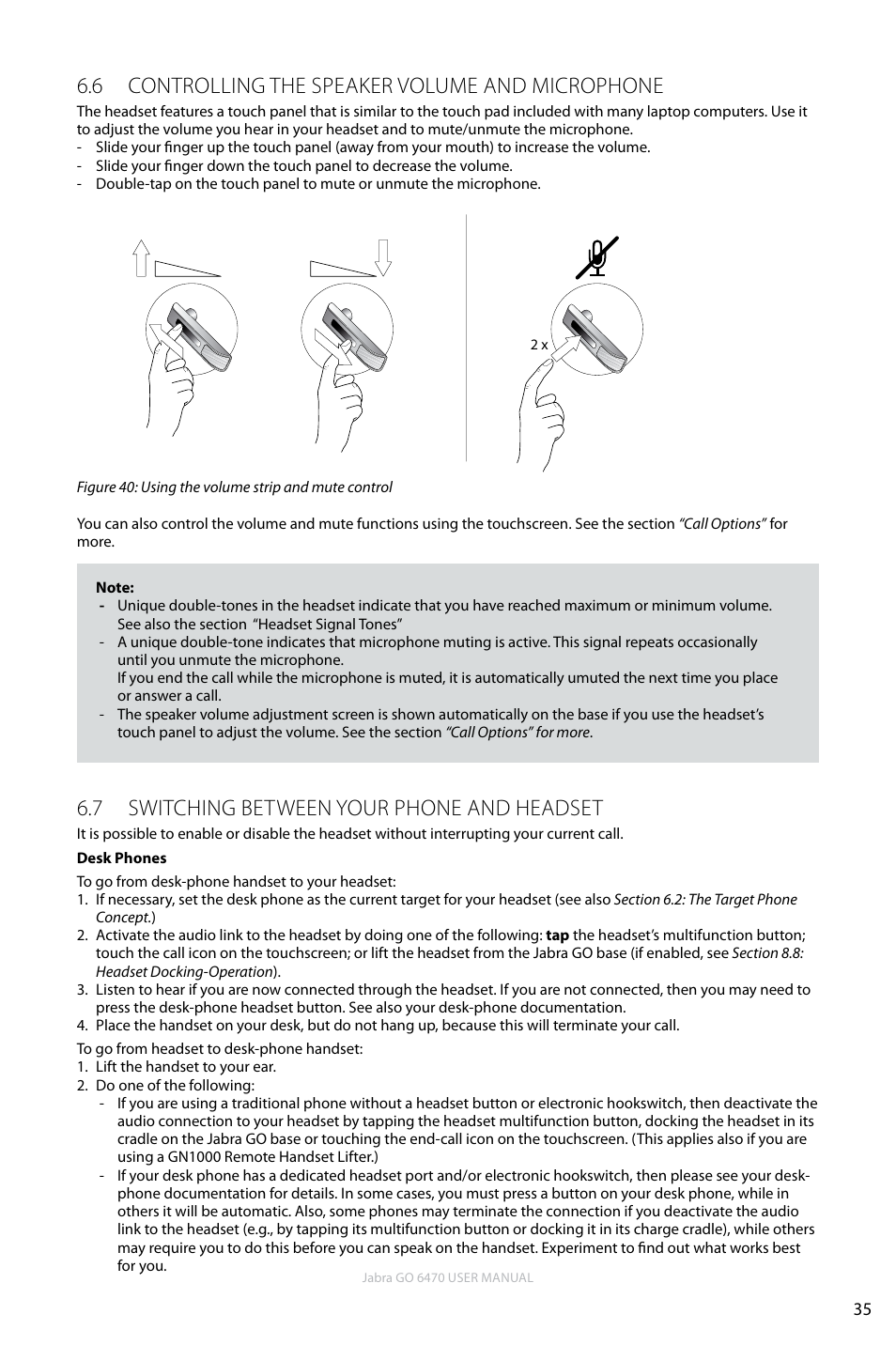 6 controlling the speaker volume and microphone, 7 switching between your phone and headset, En g li sh | Jabra GO 6470 User Manual | Page 35 / 77