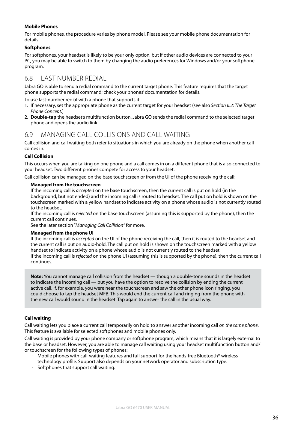 8 last number redial, 9 managing call collisions and call waiting, En g li sh | Jabra GO 6470 User Manual | Page 36 / 77