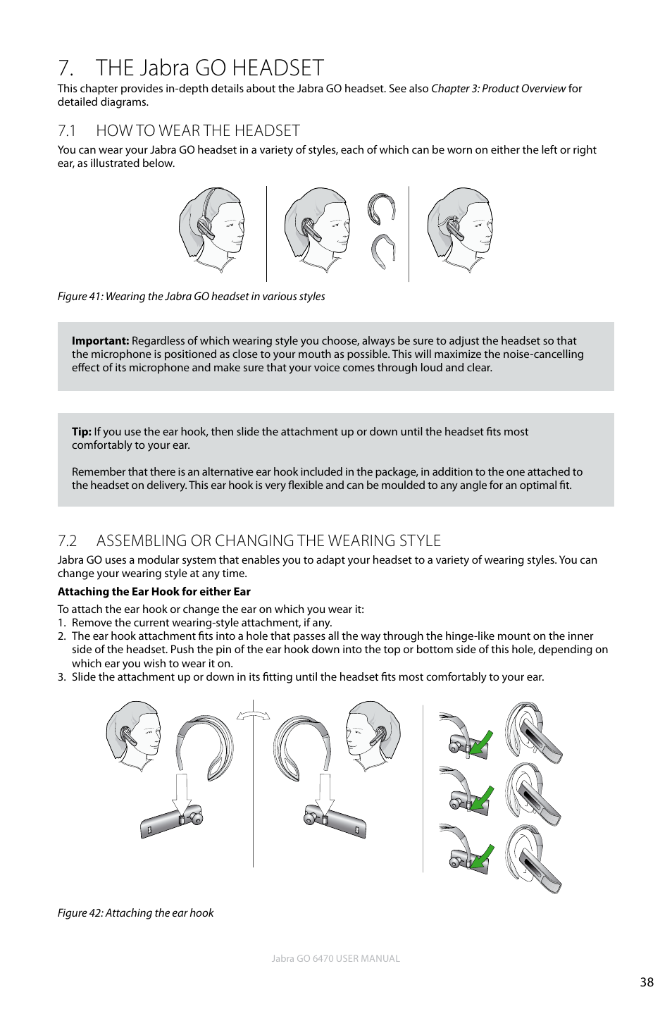 The jabra go headset, 1 how to wear the headset, 2 assembling or changing the wearing style | En g li sh | Jabra GO 6470 User Manual | Page 38 / 77