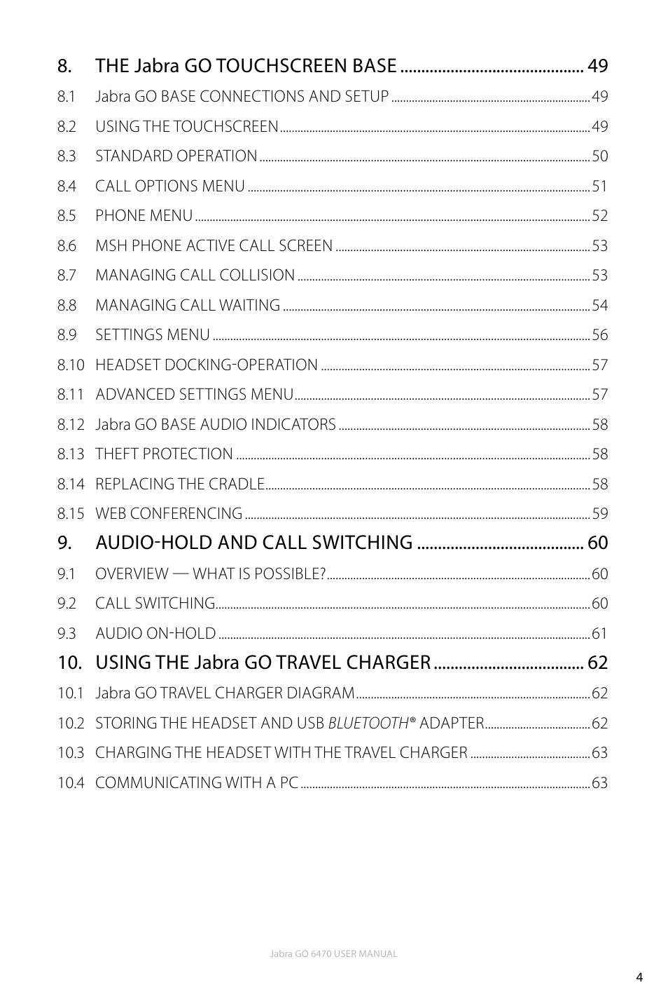 The jabra go touchscreen base, Audio-hold and call switching, Using the jabra go travel charger | Jabra GO 6470 User Manual | Page 4 / 77