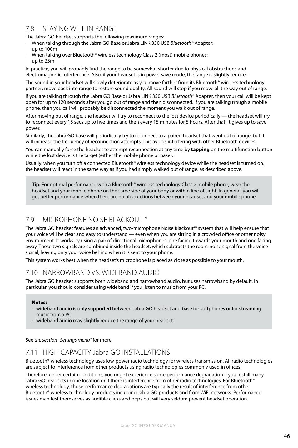 8 staying within range, 9 microphone noise blackout, 10 narrowband vs. wideband audio | 11 high capacity jabra go installations, En g li sh | Jabra GO 6470 User Manual | Page 46 / 77