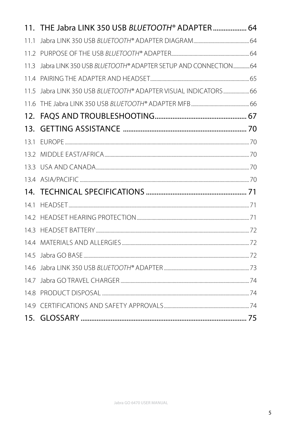 The jabra link 350 usb bluetooth® adapter, Faqs and troubleshooting 13. getting assistance, Technical specifications | Glossary | Jabra GO 6470 User Manual | Page 5 / 77