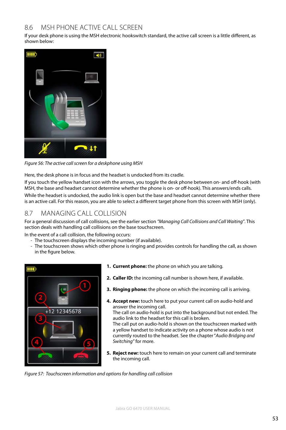 6 msh phone active call screen, 7 managing call collision, En g li sh | Jabra GO 6470 User Manual | Page 53 / 77