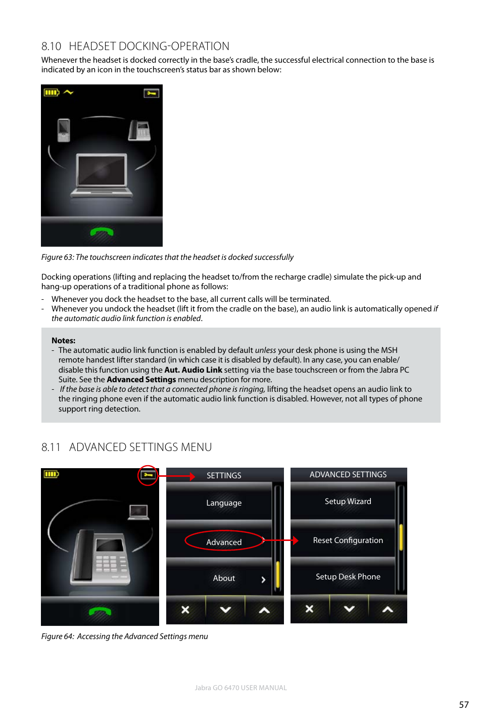10 headset docking-operation, 11 advanced settings menu, En g li sh | Jabra GO 6470 User Manual | Page 57 / 77