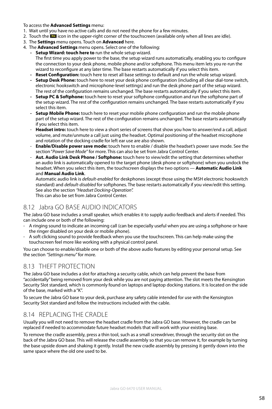 12 jabra go base audio indicators, 13 theft protection, 14 replacing the cradle | En g li sh | Jabra GO 6470 User Manual | Page 58 / 77