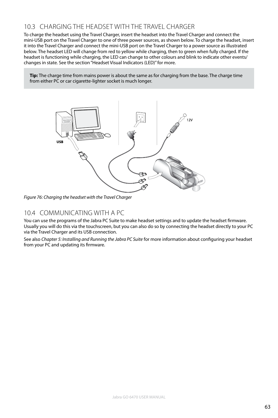 3 charging the headset with the travel charger, 4 communicating with a pc, En g li sh | Jabra GO 6470 User Manual | Page 63 / 77