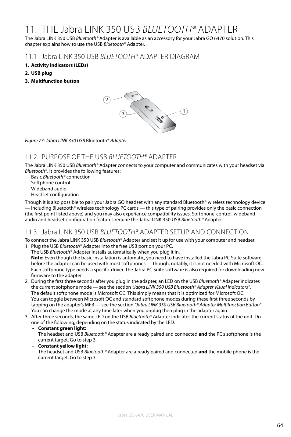 The jabra link 350 usb bluetooth® adapter, 1 jabra link 350 usb bluetooth® adapter diagram, 2 purpose of the usb bluetooth® adapter | En g li sh | Jabra GO 6470 User Manual | Page 64 / 77