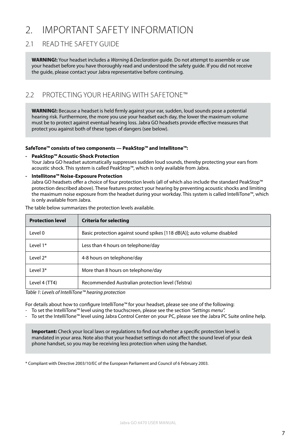 Important safety information, 1 read the safety guide, 2 protecting your hearing with safetone | En g li sh | Jabra GO 6470 User Manual | Page 7 / 77