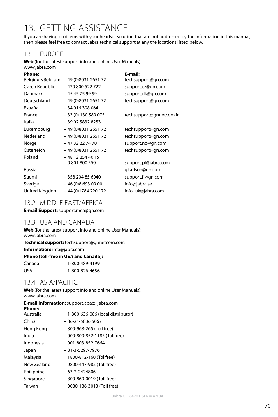 Getting assistance, 1 europe, 2 middle east/africa | 3 usa and canada, 4 asia/pacific, En g li sh | Jabra GO 6470 User Manual | Page 70 / 77