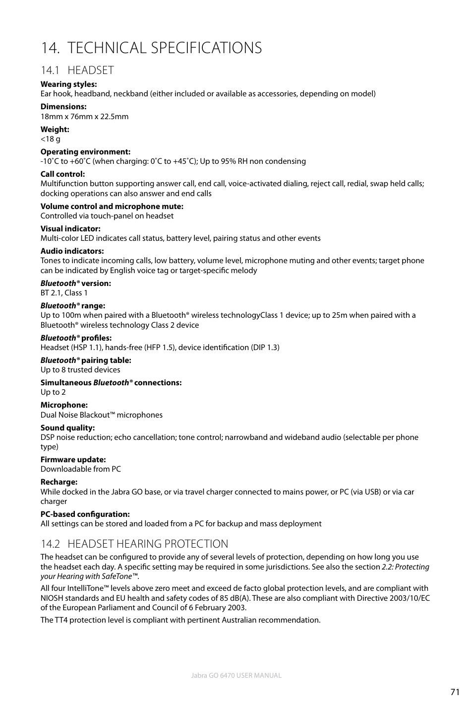 Technical specifications, 1 headset, 2 headset hearing protection | En g li sh | Jabra GO 6470 User Manual | Page 71 / 77