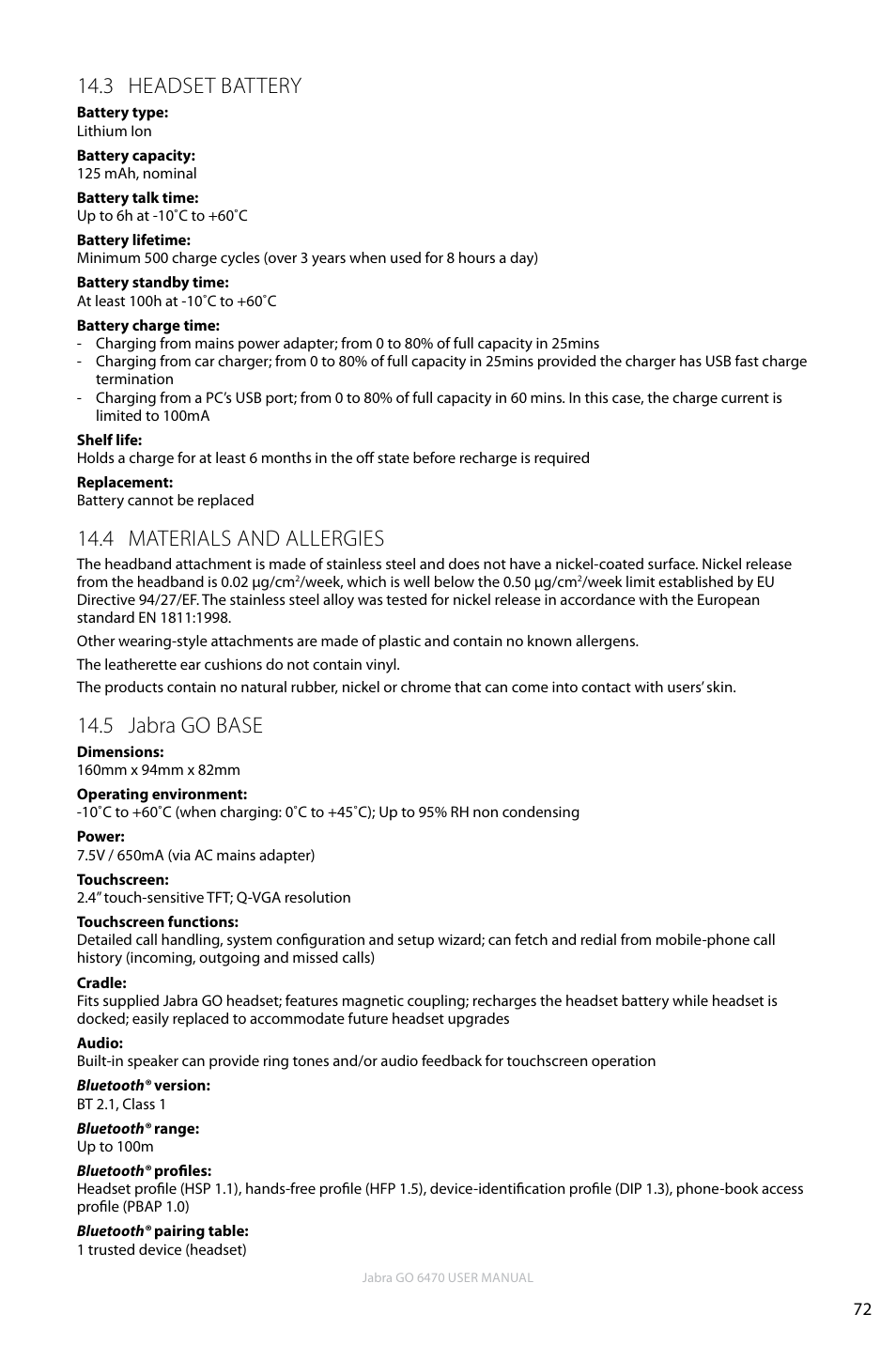 3 headset battery, 4 materials and allergies, 5 jabra go base | En g li sh | Jabra GO 6470 User Manual | Page 72 / 77
