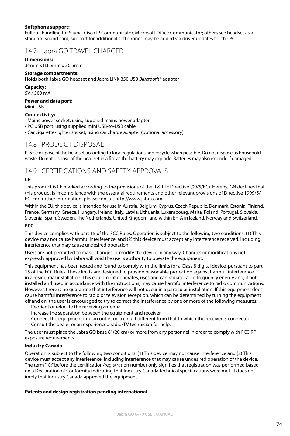7 jabra go travel charger, 8 product disposal, 9 certifications and safety approvals | En g li sh | Jabra GO 6470 User Manual | Page 74 / 77