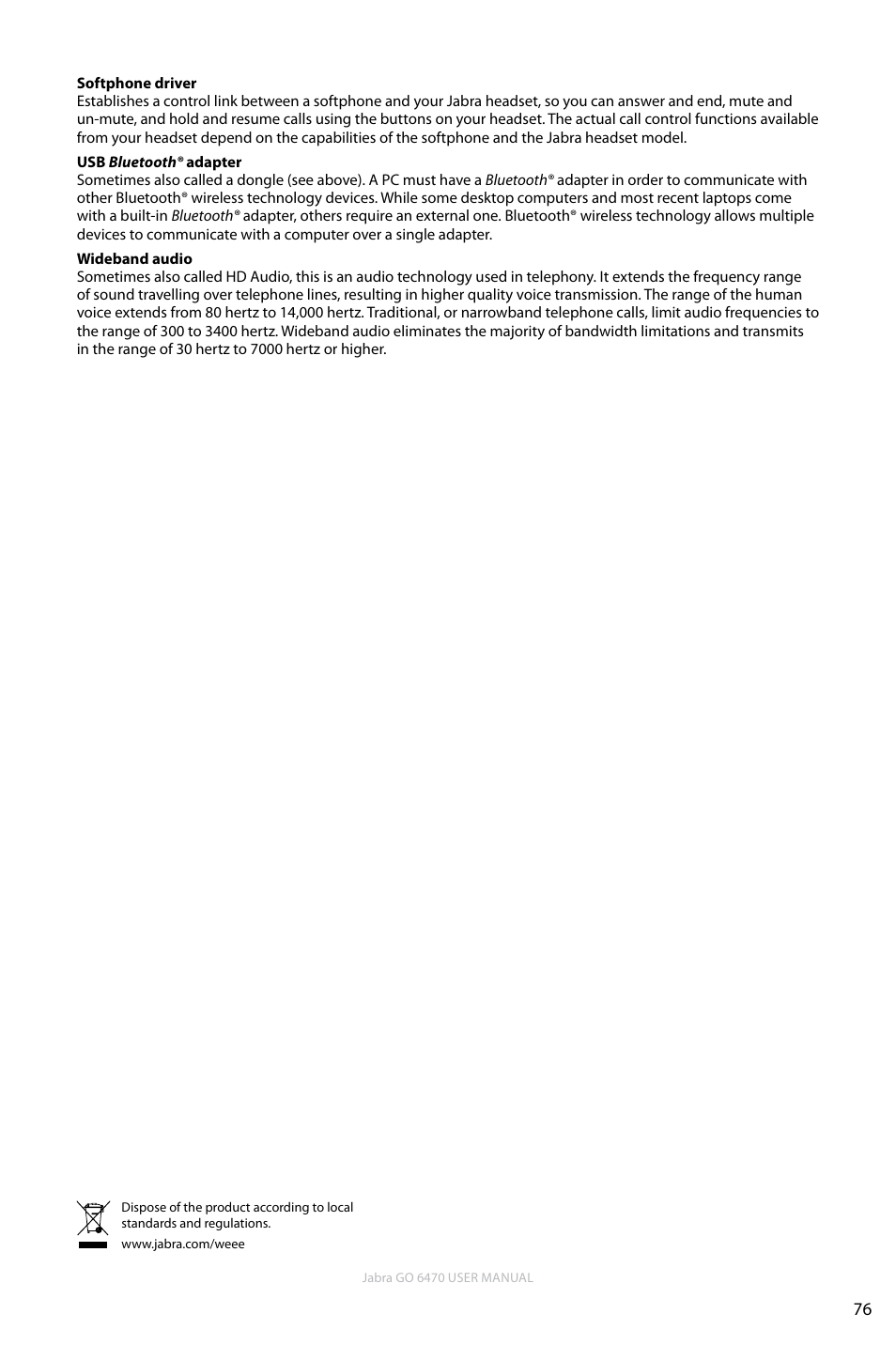 En g li sh | Jabra GO 6470 User Manual | Page 76 / 77