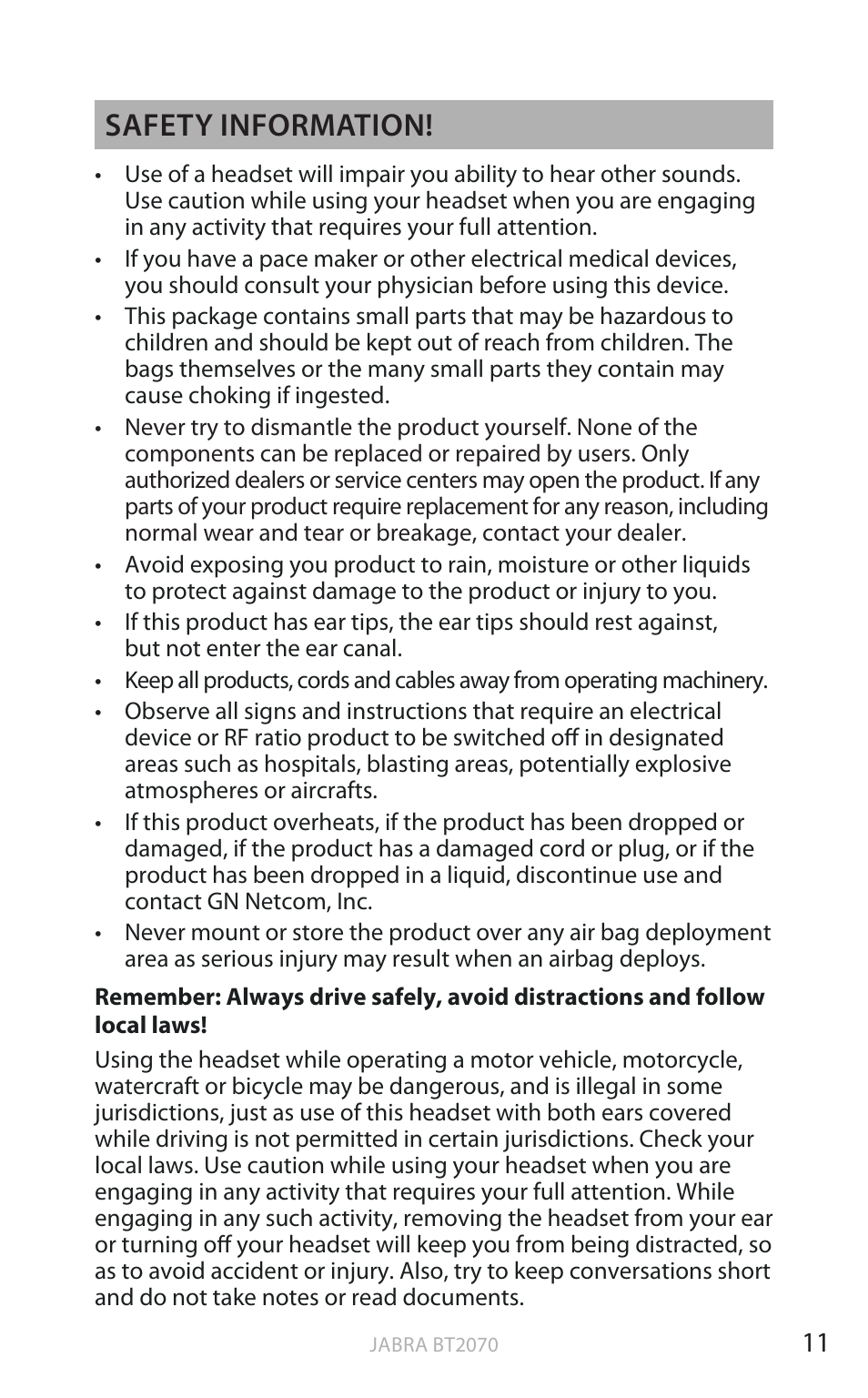 En g li sh, Safety information | Jabra BT2070 User Manual | Page 12 / 73