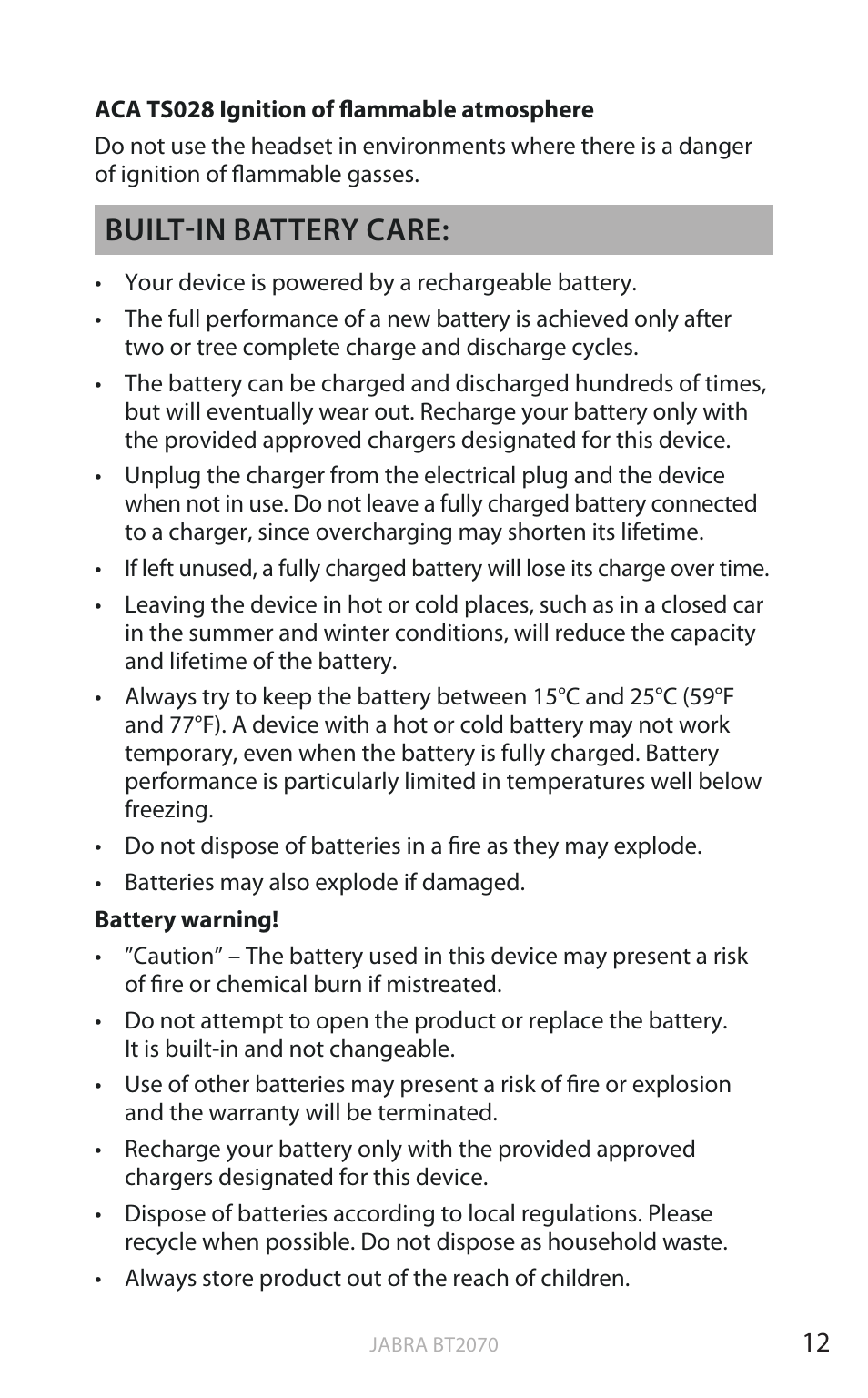 En g li sh, Built-in battery care | Jabra BT2070 User Manual | Page 13 / 73