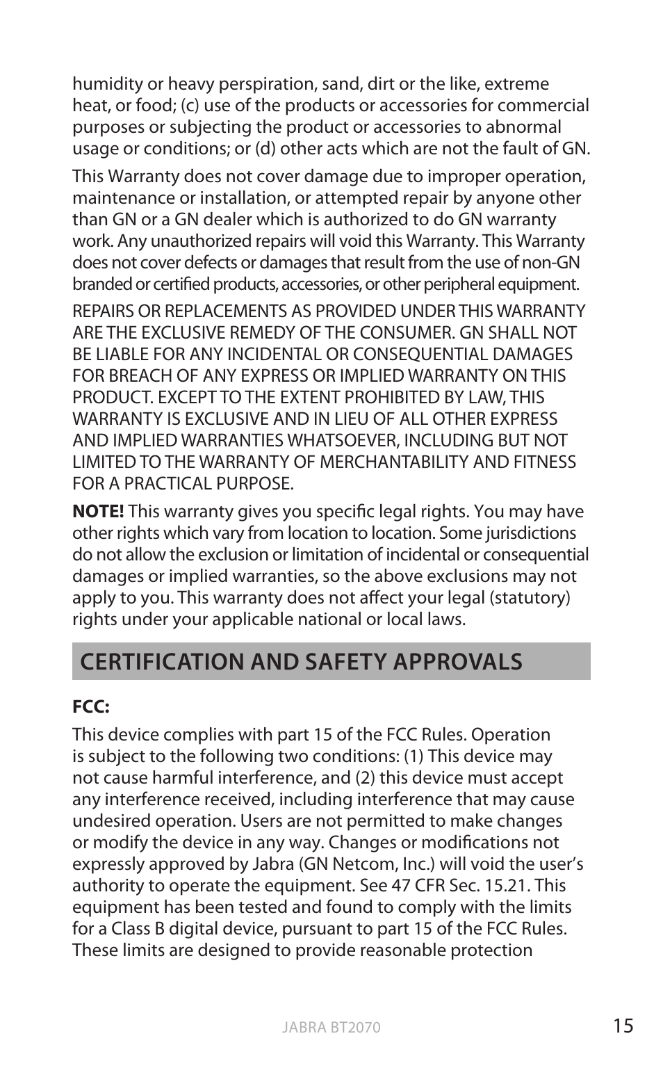 En g li sh, Certification and safety approvals | Jabra BT2070 User Manual | Page 16 / 73