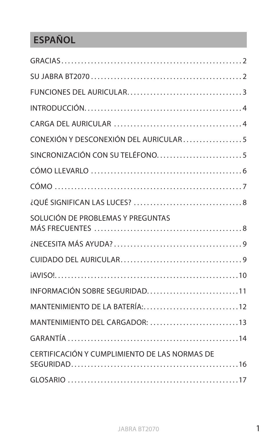 Esp a ño l, Español | Jabra BT2070 User Manual | Page 19 / 73