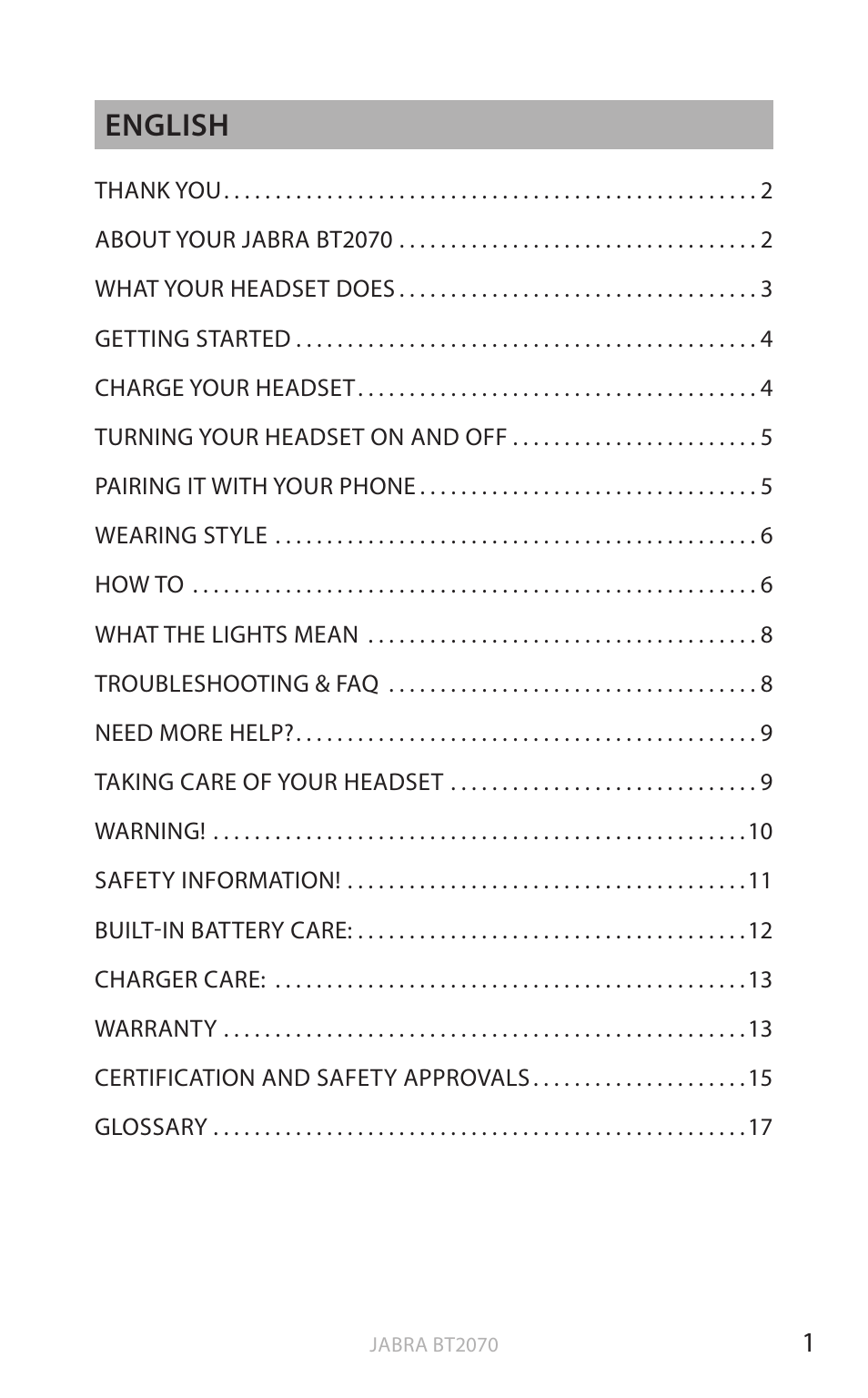 En g li sh, English | Jabra BT2070 User Manual | Page 2 / 73