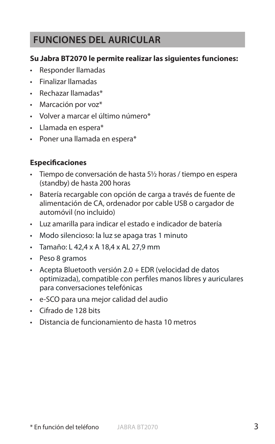 Esp a ño l, Funciones del auricular | Jabra BT2070 User Manual | Page 21 / 73