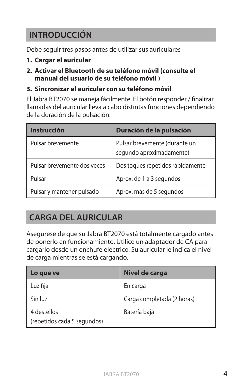 Esp a ño l, Introducción, Carga del auricular | Jabra BT2070 User Manual | Page 22 / 73