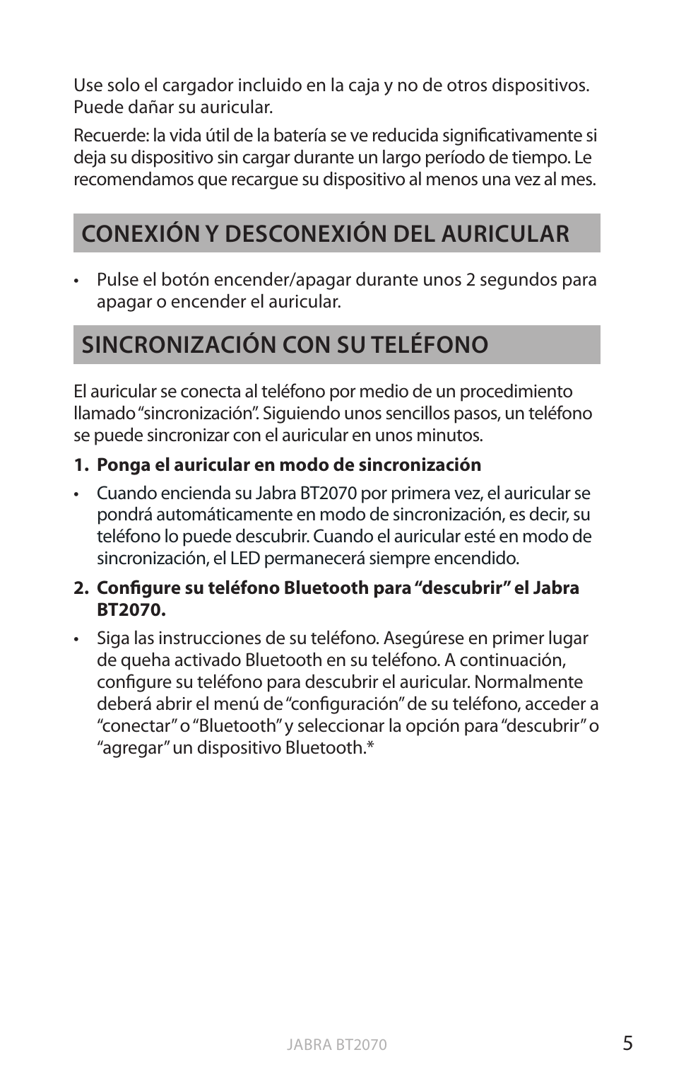 Esp a ño l, Conexión y desconexión del auricular, Sincronización con su teléfono | Jabra BT2070 User Manual | Page 23 / 73