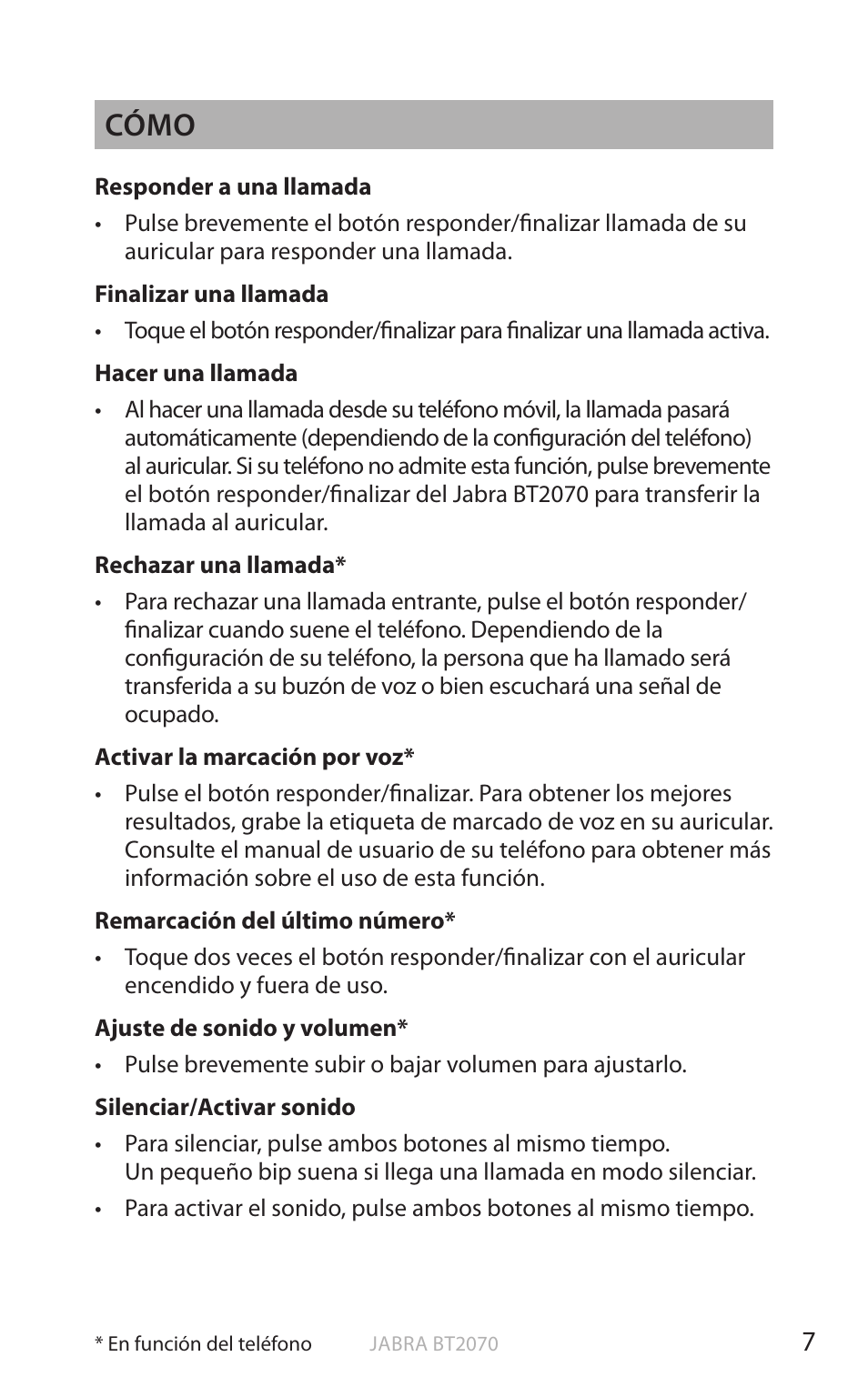 Esp a ño l, Cómo | Jabra BT2070 User Manual | Page 25 / 73