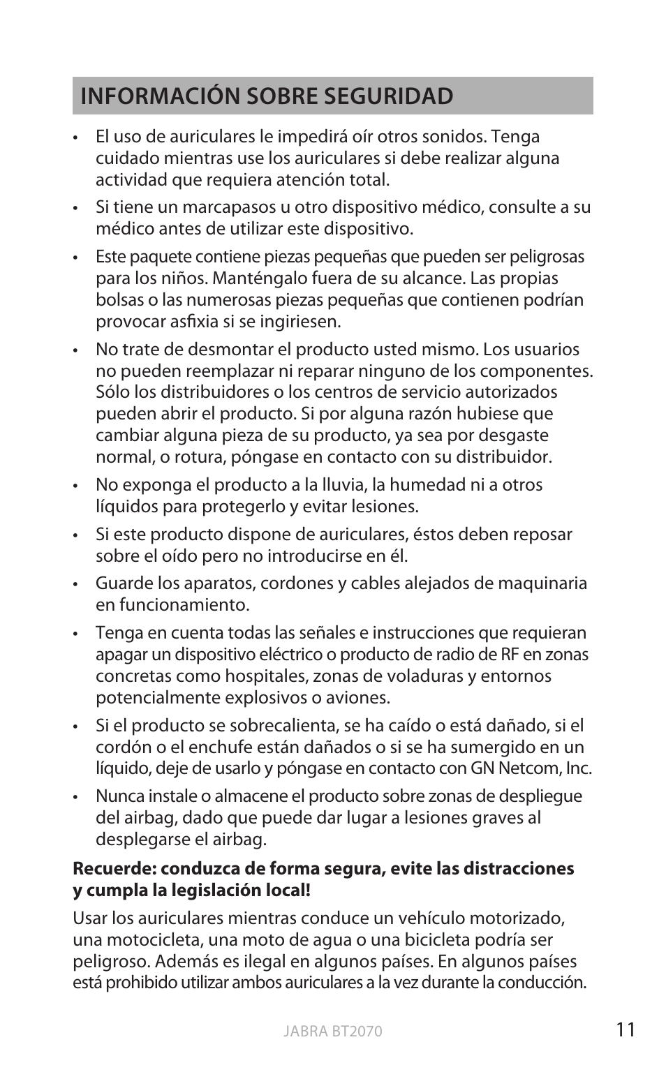 Esp a ño l, Información sobre seguridad | Jabra BT2070 User Manual | Page 29 / 73