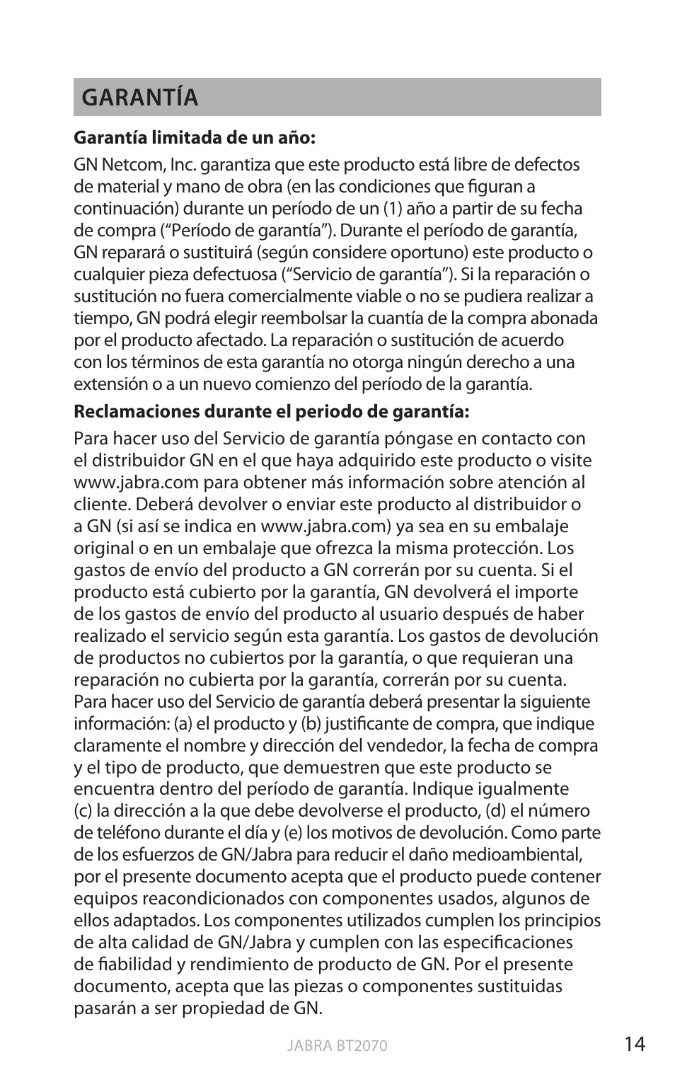 Esp a ño l, Garantía | Jabra BT2070 User Manual | Page 32 / 73