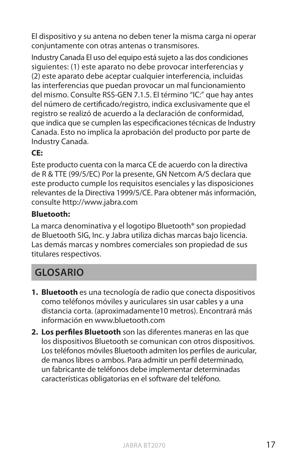 Esp a ño l, Glosario | Jabra BT2070 User Manual | Page 35 / 73