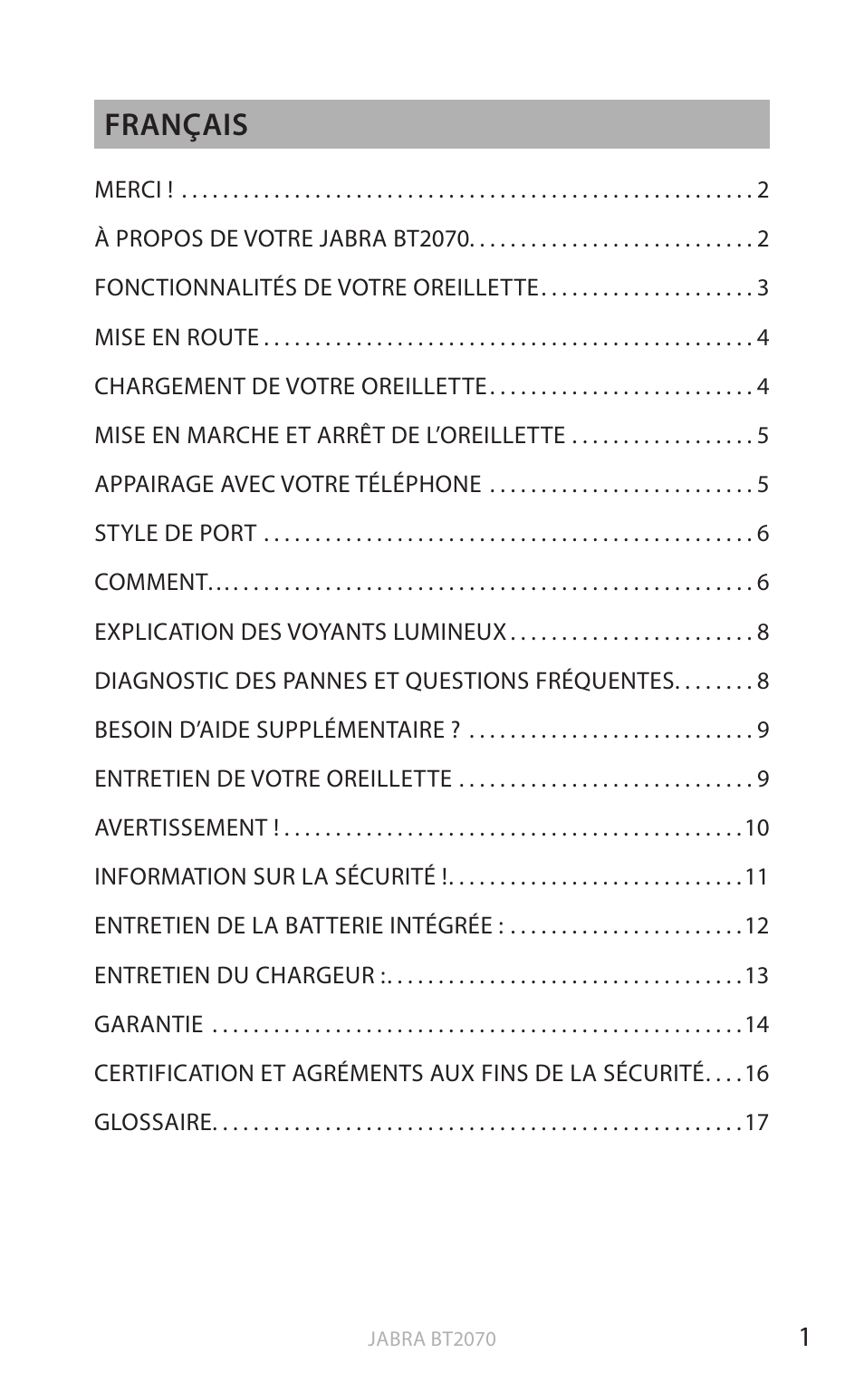 Fr an ç a is, Français | Jabra BT2070 User Manual | Page 37 / 73