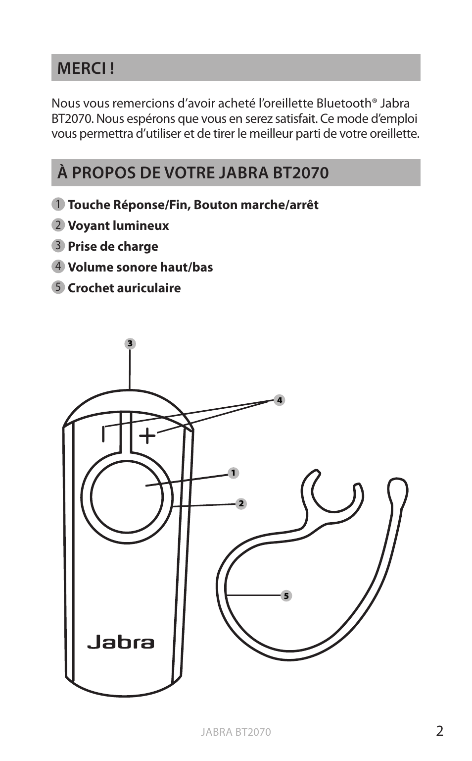 Fr an ç a is, Merci, À propos de votre jabra bt2070 | Jabra BT2070 User Manual | Page 38 / 73