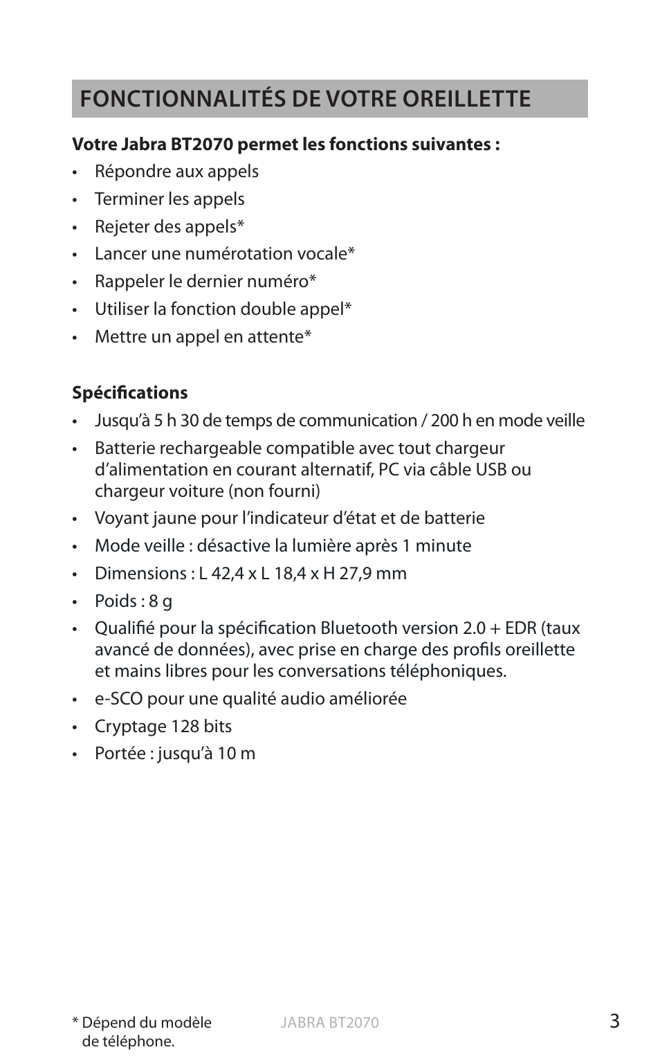 Fr an ç a is, Fonctionnalités de votre oreillette | Jabra BT2070 User Manual | Page 39 / 73