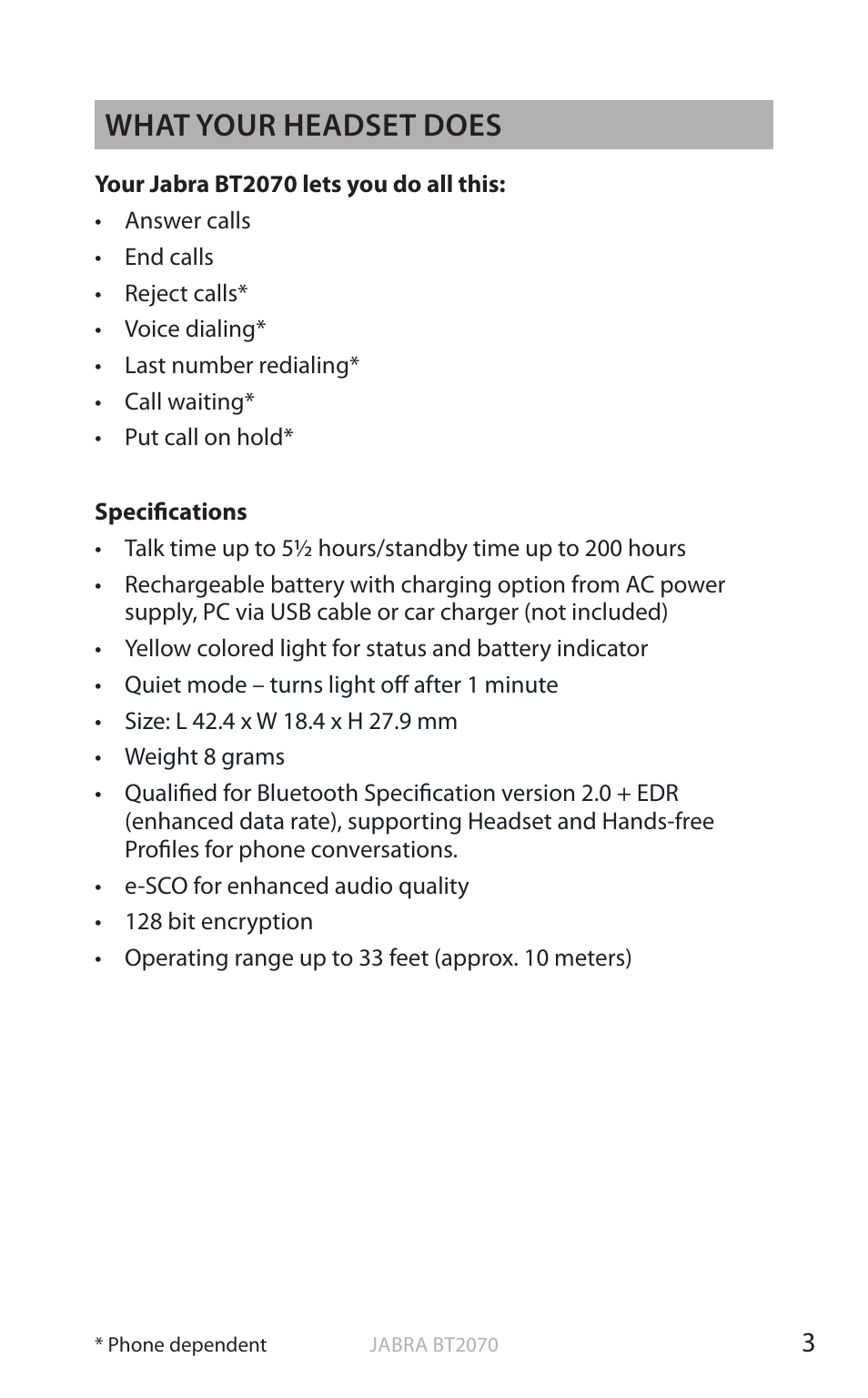 En g li sh, What your headset does | Jabra BT2070 User Manual | Page 4 / 73