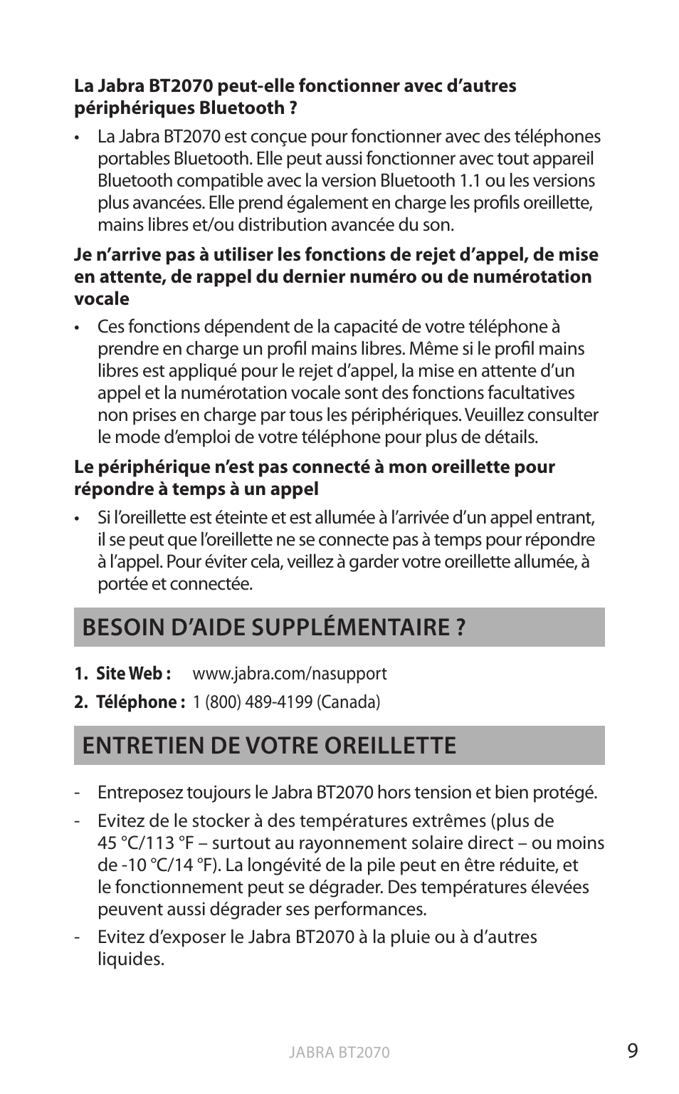 Fr an ç a is, Besoin d’aide supplémentaire, Entretien de votre oreillette | Jabra BT2070 User Manual | Page 45 / 73