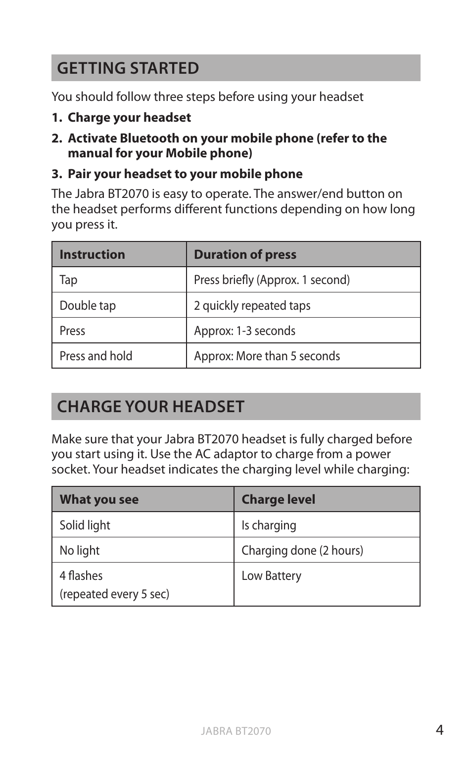 En g li sh, Getting started, Charge your headset | Jabra BT2070 User Manual | Page 5 / 73