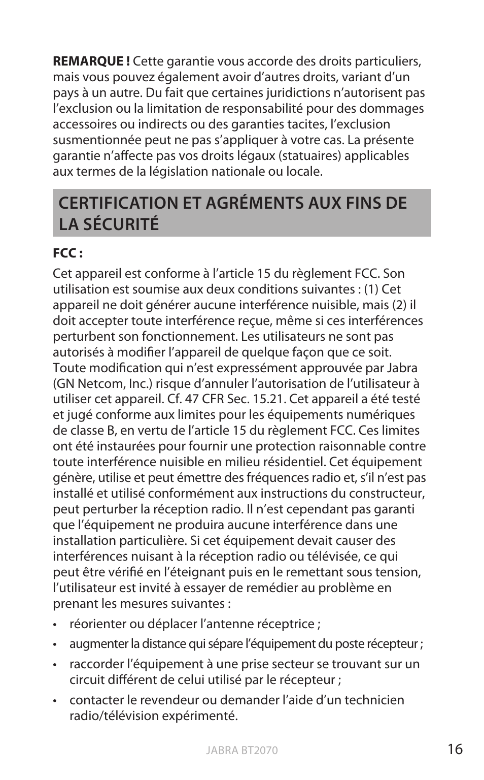 Fr an ç a is, Certification et agréments aux fins de la sécurité | Jabra BT2070 User Manual | Page 52 / 73