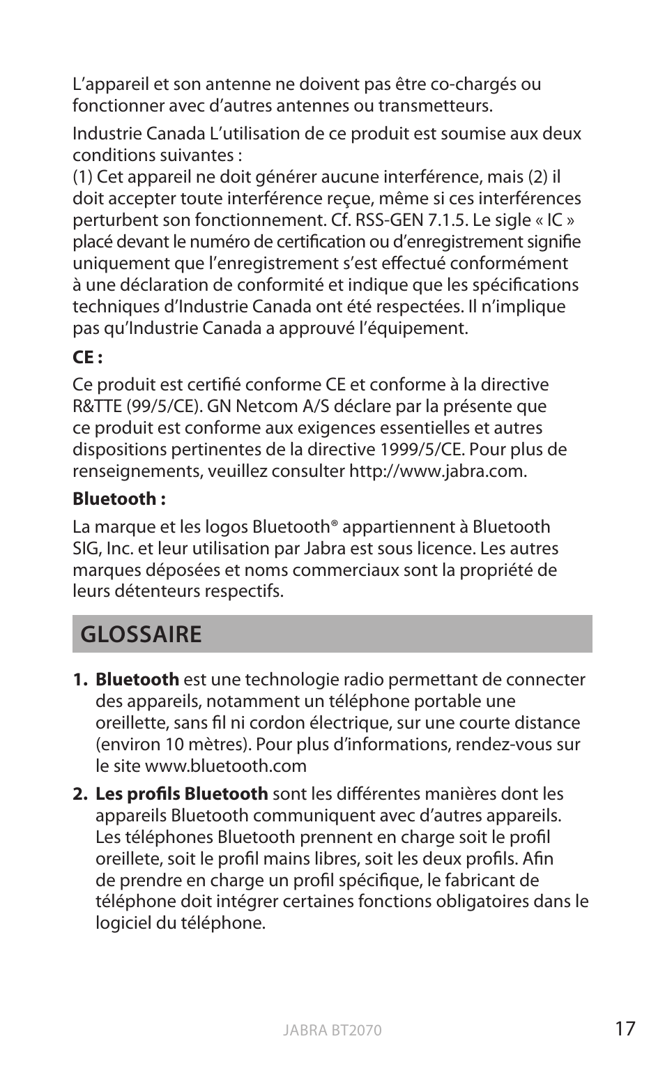 Fr an ç a is, Glossaire | Jabra BT2070 User Manual | Page 53 / 73