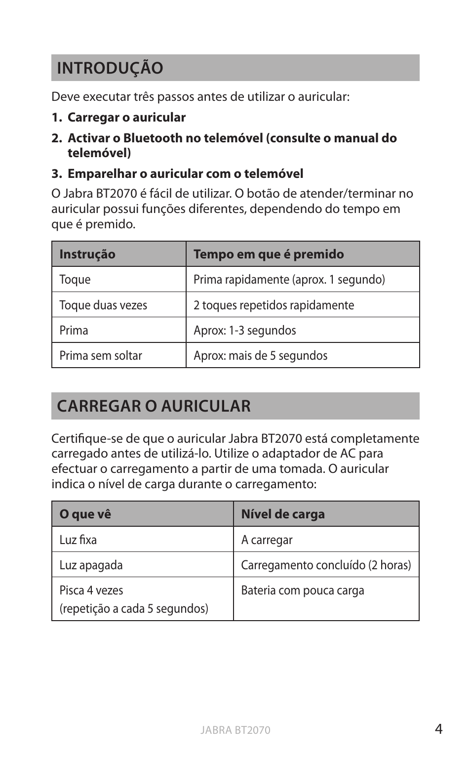 Po rtu g uês, Introdução, Carregar o auricular | Jabra BT2070 User Manual | Page 58 / 73