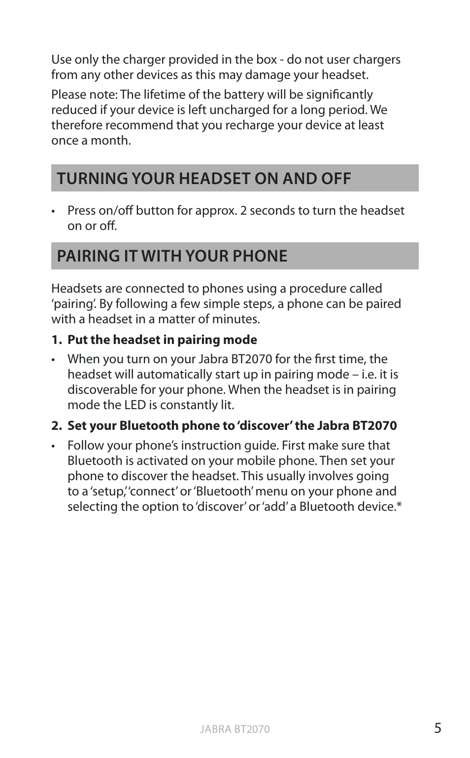 En g li sh, Turning your headset on and off, Pairing it with your phone | Jabra BT2070 User Manual | Page 6 / 73