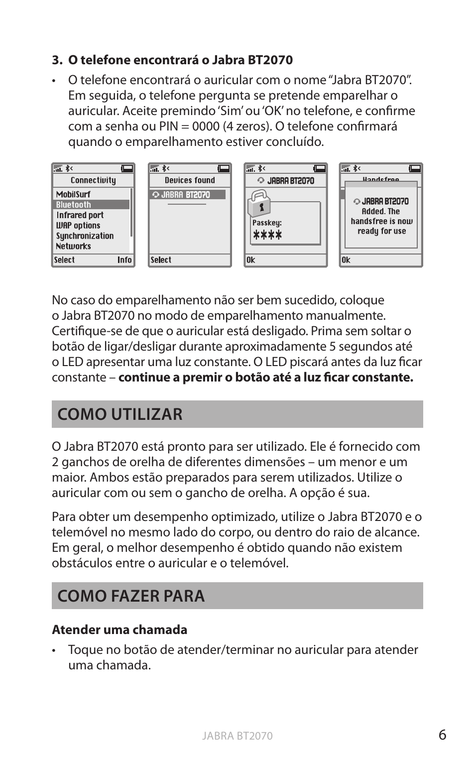 Po rtu g uês, Como utilizar, Como fazer para | Jabra BT2070 User Manual | Page 60 / 73