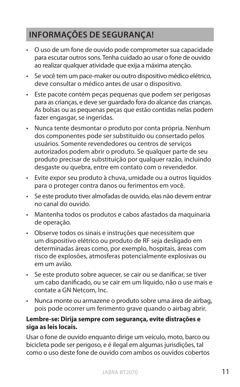 Po rtu g uês, Informações de segurança | Jabra BT2070 User Manual | Page 65 / 73