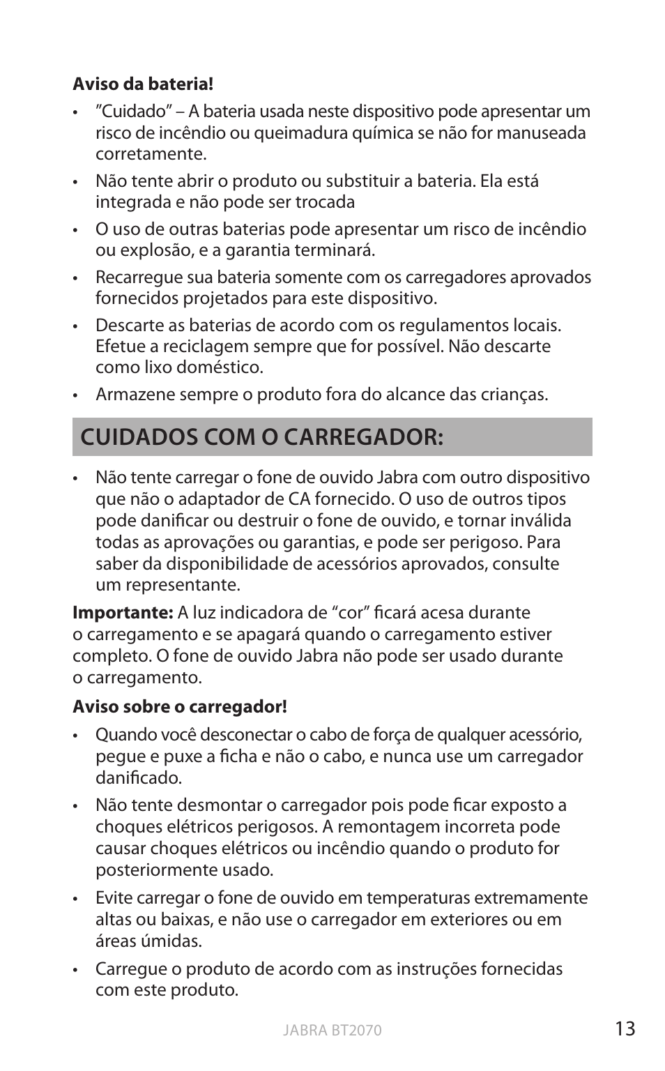 Po rtu g uês, Cuidados com o carregador | Jabra BT2070 User Manual | Page 67 / 73